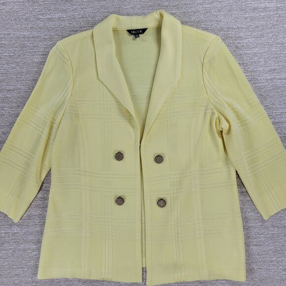 Misook Knit Sweater Jacket PM Petite Yellow Plaid Double Breasted 3/4 Sleeve - Picture 4 of 16